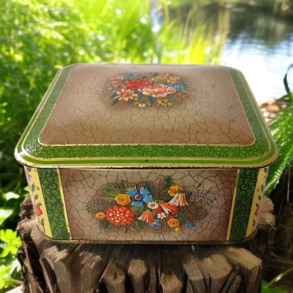 Vintage Tin Container Green Floral Hinged Square Made In Holland Victorian Style
